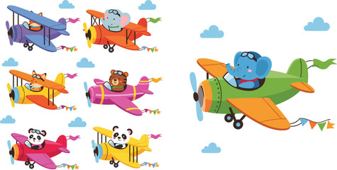 Cute animals flying airplanes vector set with cartoon pilots, colorful aircraft and playful kids aviation illustration style © MdNazmul