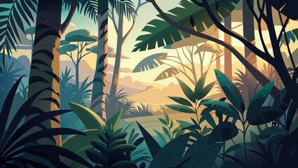 Obraz premium Jungle Evening Scene with Tropical Foliage Silhouettes, Soft Moody Light Background Stylized Vector Illustration
