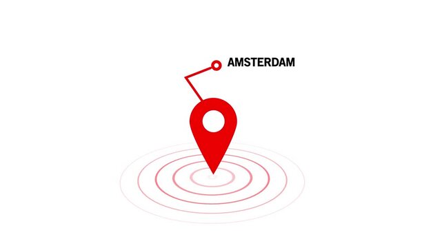 Amsterdam location map pin, GPS navigation pointer concept, global destination marker , travel and geography , digital world location , on Black Background and features 4k Motion graphics
