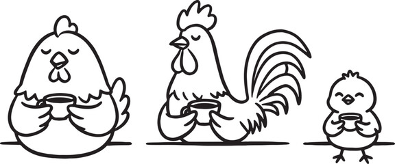 chicken rooster and chick holding coffee cups in line © GraphicGrove