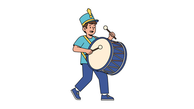 Happy boy in a blue marching band uniform playing a large bass drum while walking forward to represent music education and youth performance.