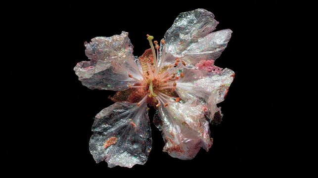 Delicate, translucent bloom appears coated in sparkling iridescent material against a dark backdrop