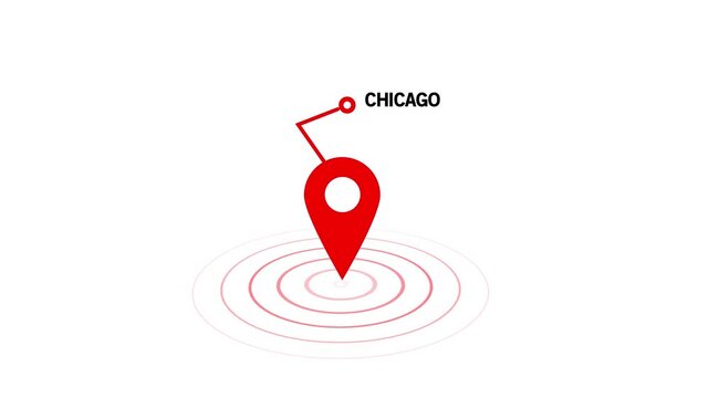 Chicago location map pin, GPS navigation pointer concept, global destination marker , travel and geography , digital world location , on Black Background and features 4k Animation video