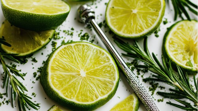 Sliced citrus fruit and fresh herbs arranged with a metal bar tool on a bright surface