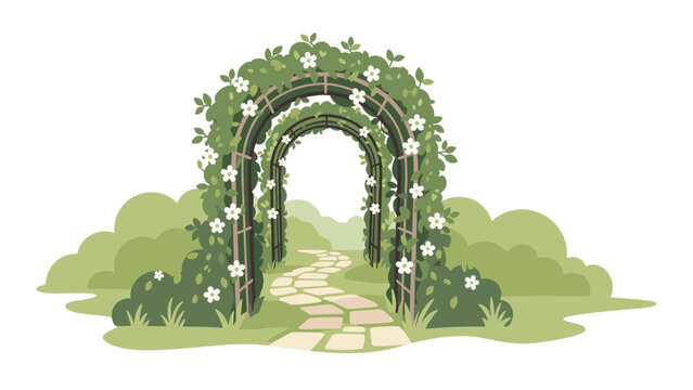 Beautiful garden path leading through a series of lush green garden arches covered in vines and white flowers for a peaceful landscape.