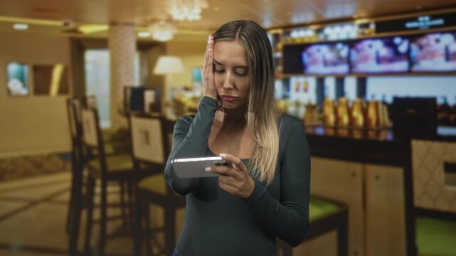 Woman holding smartphone with hand on cheek and visible cleavage in restaurant, head tilted back; frustration waiting.