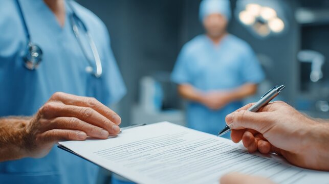 Surgeon Explains Informed Consent Procedure to Patient in a Clinical Room Setting During a Medical Consultation