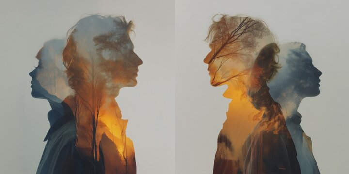 Surreal double exposure conceptual art connecting human spirit with nature. A female silhouette profile filled with a dark starry forest night. Introspective moody atmosphere.