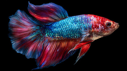 Fototapeta premium A vibrant and colorful betta fish swims against black