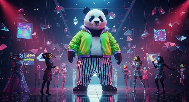 Panda Mask Character with Neon Visor in Cyberpunk Club Dance Scene