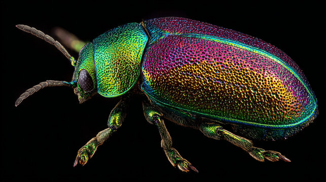 A colorful beetle with a shiny iridescent exoskeleton on black