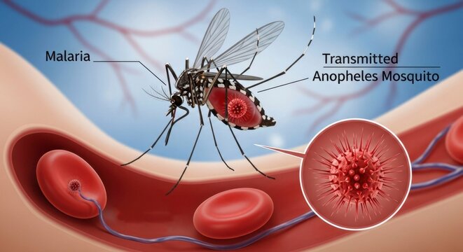 Anopheles Mosquito Transmitting Malaria, Medical Illustration