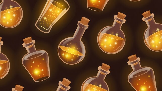 Seamless pattern of pixel art magic potion bottles with glowing liquid on a dark background
