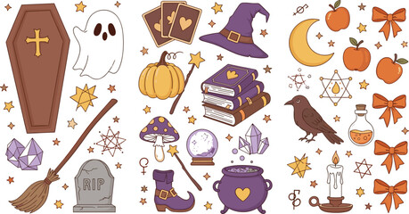 Halloween magic vector set with witch hat, pumpkin, ghost, spell book, crystals and spooky mystical elements © MdNazmul