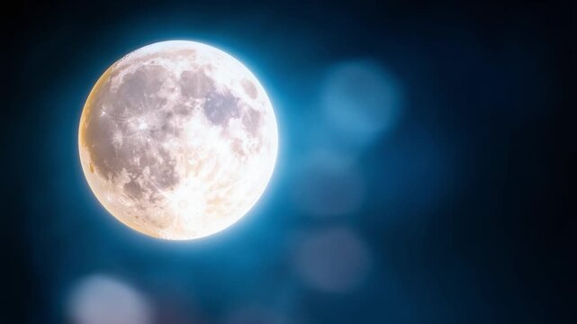 Celestial Orb: A radiant full moon graces the night sky, its luminous surface captivating the eye, its soft light creating a serene atmosphere and enchanting scene.