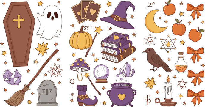 Halloween magic vector set with witch hat, pumpkin, ghost, spell book, crystals and spooky mystical elements