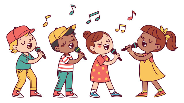 Melodious Quartet: A harmonious illustration showcasing a quartet of young, diverse children, each engrossed in singing into a microphone, their voices harmonizing.