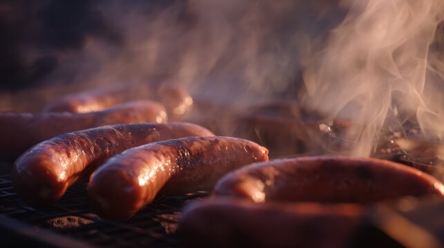 Glossy sausages on a charcoal grill with rising smoke in warm light. menu design, packaging mockups, designed for food delivery and cloud-kitchen brand materials.