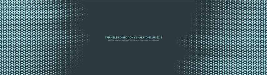 Panoramic abstract background in ultra wide 32:9 vector format with cyan triangle halftone grid and dynamic frame composition. Futuristic tech design for banner, hero section, UI, dashboard layouts