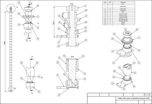Assembly drawing of roller with chain of electrical reducer shaft. Vector design of steel mechanical device with dimension lines. Engineering technic computer cad scheme on transparent background. 