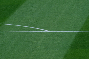 Obraz premium Background Texture of International-Standard Football Pitch with Striped Grass and Field Lines Under Clear Conditions
