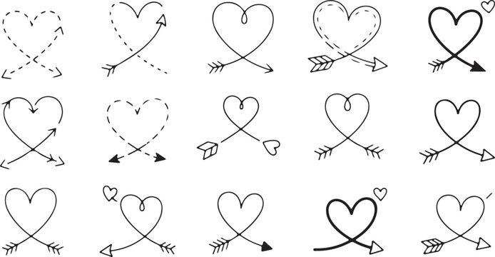 A collection of 15 minimalist black hand-sketched heart icons integrated with arrows on a white background, featuring both solid and dashed line styles for creative romantic designs.