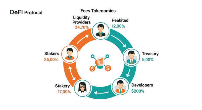 Decentralized finance concept explained with a circular diagram showing tokenomics allocation