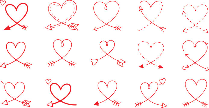 A collection of 15 minimalist red hand-sketched heart icons integrated with arrows on a white background, featuring both solid and dashed line styles for romantic designs.