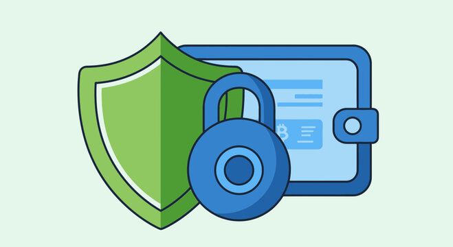 A decentralized finance system secures digital transactions with a padlock and shield on a device.