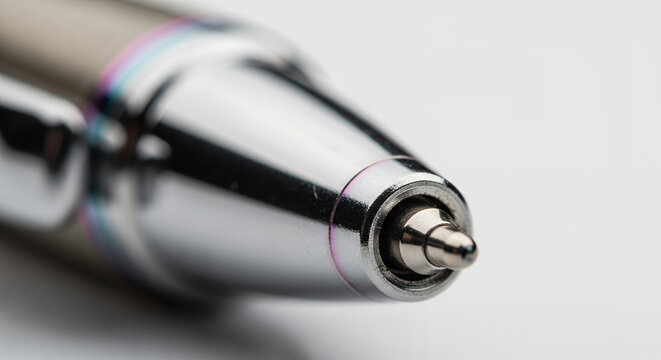 Close-up of a silver pen tip against a blurred background