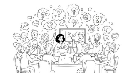 Obraz premium Business team brainstorming meeting with creative ideas and lightbulb moments around a conference table