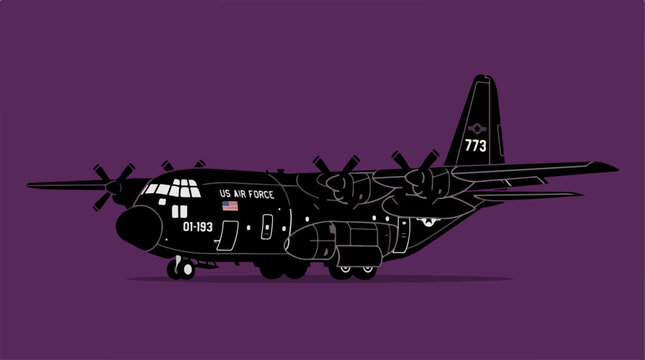Silhouette of a C-130 Hercules military transport aircraft on a purple background.
