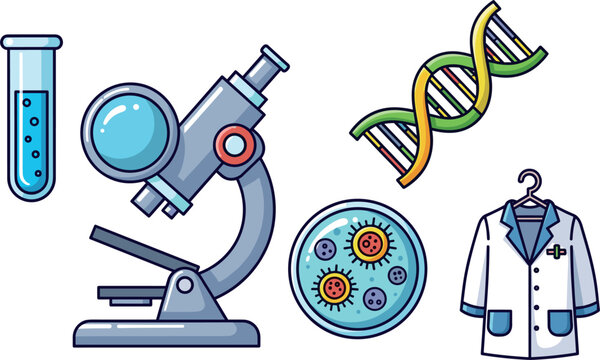 Medical science and laboratory icons set with microscope dna test tube virus and lab coat vector illustration collection