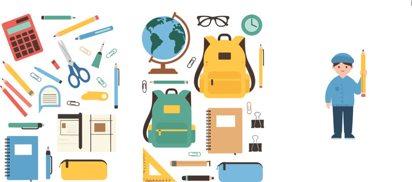 School supplies vector set with backpack, stationery, globe, notebooks and student elements in modern flat illustration style