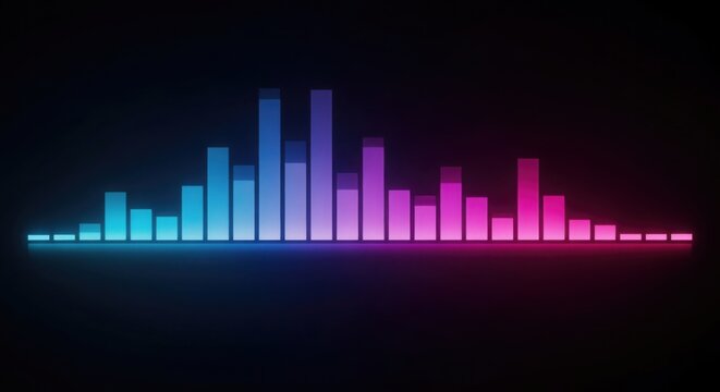A glowing digital equalizer with blue and pink bars visualizing audio frequencies on a dark background.