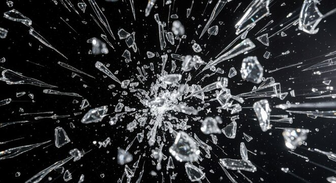 Shattered glass fragments flying outward in dynamic motion against a dark background, capturing a moment of explosive impact.