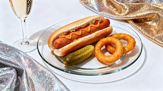 Hot dog with onion rings and pickle