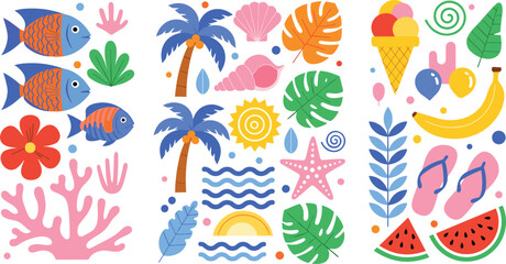 Obraz premium Summer tropical elements vector set with palm trees, fish, coral, fruits, ice cream and beach icons in flat illustration style