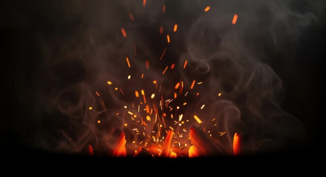 Glowing embers and sparks rise from burning charcoal, surrounded by swirling smoke against a dark background.