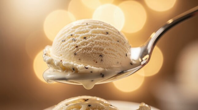 A creamy scoop of vanilla ice cream with chocolate flakes sits perfectly on a shiny silver spoon against a warm, glowing bokeh background.