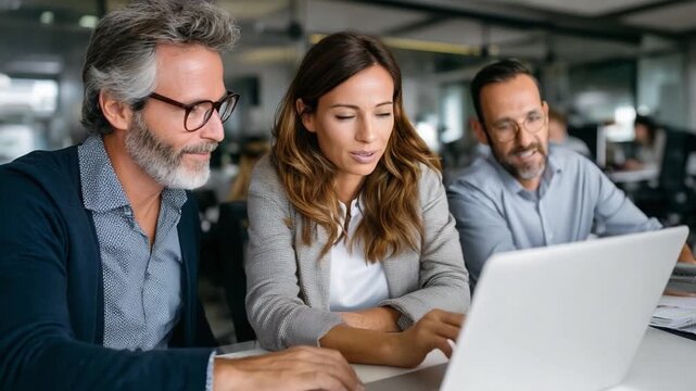 Focused Collaboration: A group of focused professionals huddle around a laptop, engaged in intense collaboration and teamwork, brainstorming ideas to achieve business objectives.