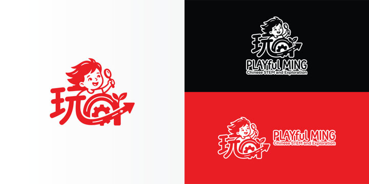 A playful red logo featuring a child with a magnifying glass integrated into the Chinese character for 'play', combining STEM gears and growth motifs to symbolise discovery-based language learning.