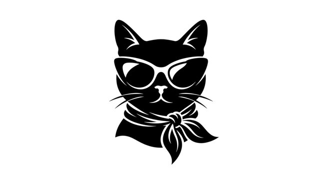 Professional black cat silhouette portrait wearing sunglasses and a stylish neck scarf isolated on white background for trendy pet fashion and sophisticated feline branding concepts.