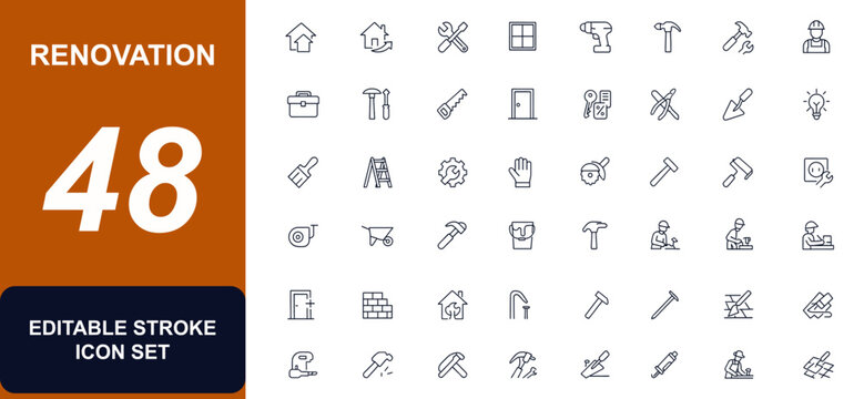 Home renovation and repair web icons in line style. House restoration, construction tools, handyman equipment, DIY maintenance, building upgrade, carpenter kit, property improvement. Editable stroke.