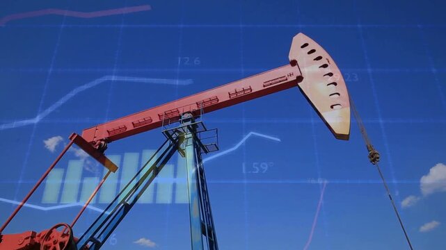 An oil pump jack overlaid with digital financial charts illustrates energy market trends, crude oil price fluctuations, and the global economic impact of the petroleum industry.