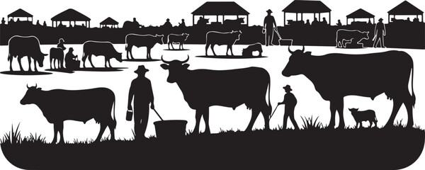 Obraz premium Farmers tending to their cattle in a rural village setting