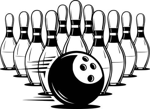 Black and white bowling ball and pins with a sense of motion a white background sport