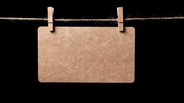 A rectangular piece of brown craft paper hangs on a thin string against a black background, secured with clothespins. Space for text.