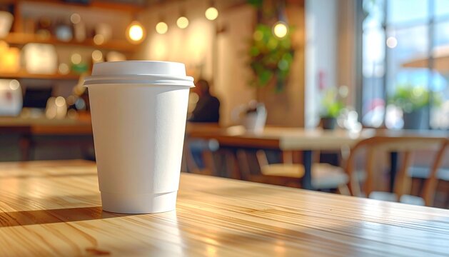 White coffee cup sits on a wooden table in a cafe