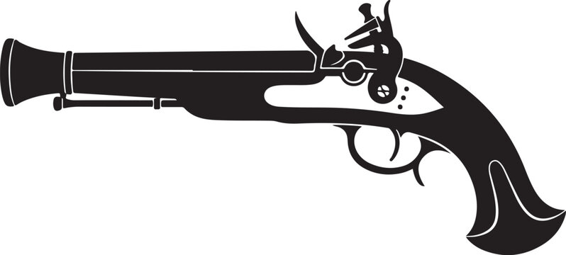 Pistol, flintlock gun, black silhouette, side view, vector illustration, firearm, historical weapon